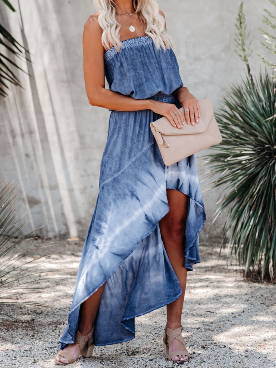 Smocked High Low Tube Denim Dress OGD