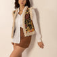 Embroidered Fuzzy Trim Open Front Vest Coat
