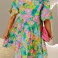 Printed Collared Neck Puff Sleeve Mini Dress