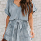 Notched Tie Waist Denim Romper