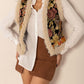 Embroidered Fuzzy Trim Open Front Vest Coat