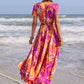 Printed V-Neck Short Sleeve Midi Dress