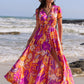 Printed V-Neck Short Sleeve Midi Dress