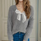 Bow Pearl Detail V-Neck Long Sleeve Sweater
