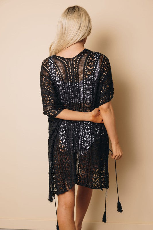 Crochet Knitted Tassel Tie Kimono Beachwear