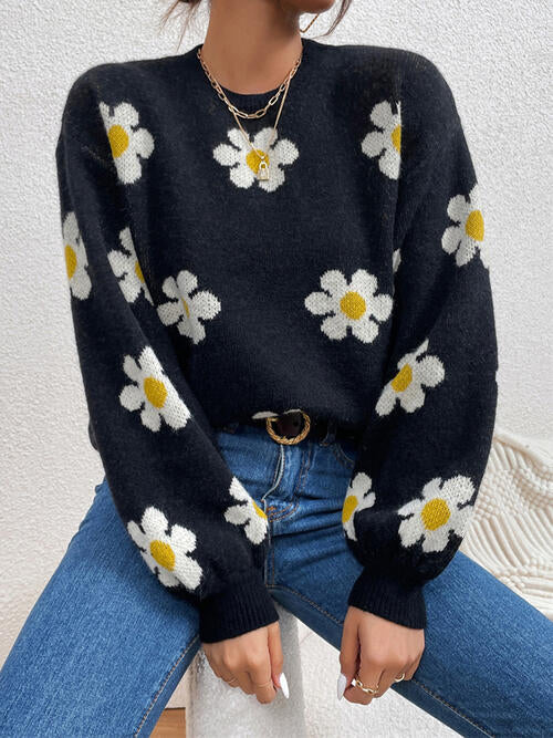 Flower Round Neck Latern Sleeve Sweater