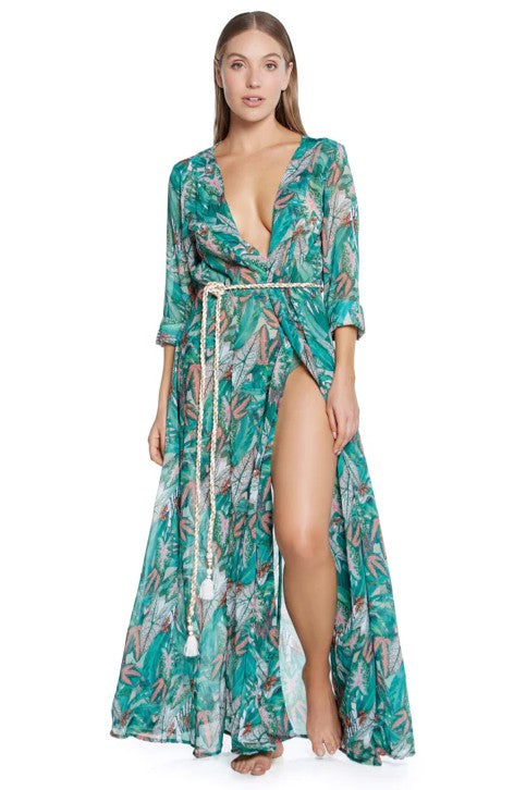 TROPICAL LONG SLEEVE COVERUP WITH ROBE BELT