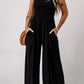 Smocked Square Neck Wide Leg Jumpsuit with Pockets