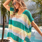 Openwork Striped V-Neck Short Sleeve Cover Up