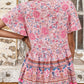 Bohemian Decorative Button Tie-Neck Peplum Blouse