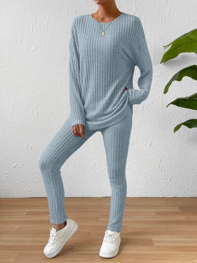 Ribbed Round Neck Top and Pants Set