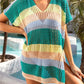 Openwork Striped V-Neck Short Sleeve Cover Up