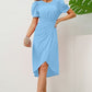 Slit Ruched Round Neck Puff Sleeve Dress