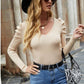 Ribbed V-Neck Puff Sleeve Sweater