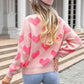 Round Neck Dropped Shoulder Sweater with Heart Pattern