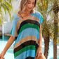 Openwork Striped V-Neck Short Sleeve Cover Up