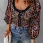 Printed Buttoned Balloon Sleeve Cropped Blouse