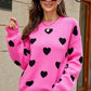 Woven Right Heart Pattern Lantern Sleeve Round Neck Tunic Sweater