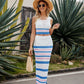 Striped Openwork Cropped Tank and Split Skirt Set